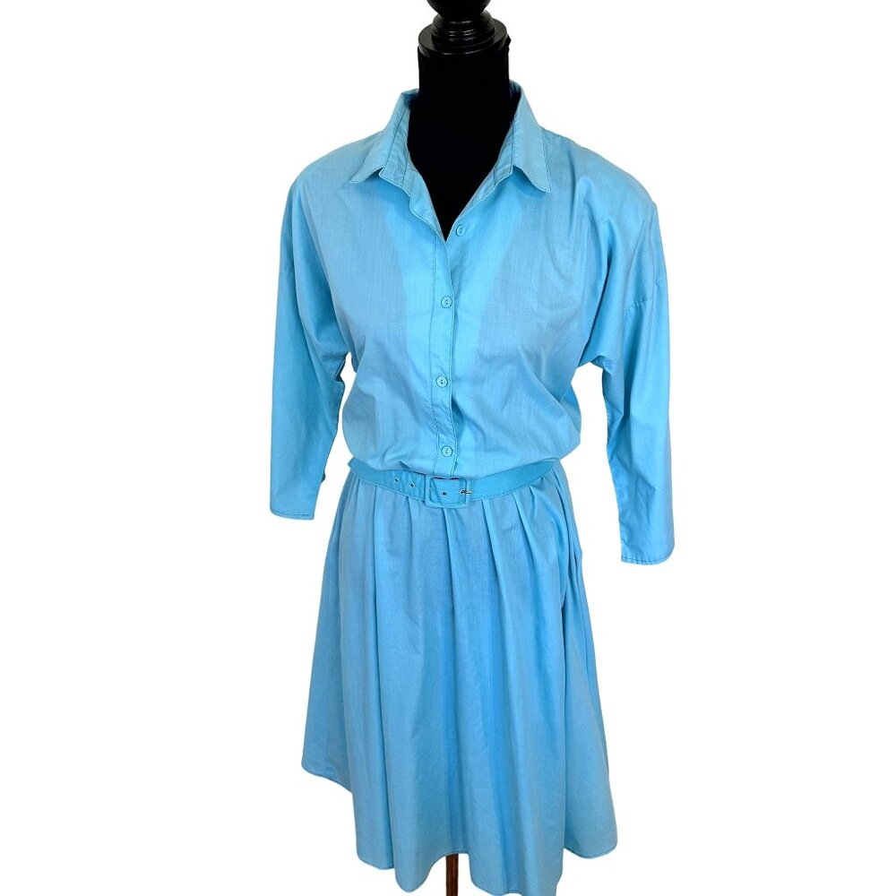 Vtg Womens Aqua Shirt Dress Belted Pockets By Vicki Waynes Midi 80s Housewife